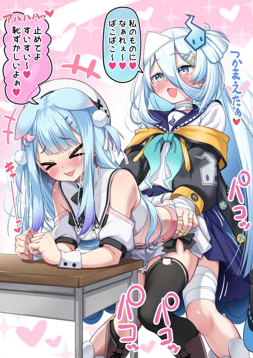 >_<, 2girls, :d, absurdres, animal_ears, arm_support, asymmetrical_legwear, bandaged_fingers, bandaged_hand, bandaged_leg, bandaged_neck, bandages, bandaid, bandaid_on_finger, bandaid_on_hand, bare_shoulders, black_jacket, black_thighhighs, blue_hair, blush, boots, brown_boots, cropped_shirt, detached_sleeves, dog_ears, doggystyle, dry_humping, elbow_rest, ghost, ghost_hair_ornament, gradient_hair, grey_eyes, hair_between_eyes, hair_ornament, hairclip, hat, heart, highres, hitodama, humping, jacket, komai_ume, long_hair, long_sleeves, meme, midriff, multicolored_hair, multiple_girls, nose_blush, open_mouth, ora_ora_get_pregnant_(meme), pom_pom_(clothes), pom_pom_hair_ornament, puffy_detached_sleeves, puffy_short_sleeves, puffy_sleeves, purple_hair, purple_sailor_collar, purple_skirt, sailor_collar, school_uniform, serafuku, sex, sex_from_behind, shirt, short_sleeves, skirt, smile, spoken_heart, suzutuki_sui, thighhighs, torso_grab, triangular_headpiece, varium, very_long_hair, virtual_youtuber, white_hair, white_hat, white_sailor_collar, white_shirt, white_skirt, wrist_cuffs, yokojima_kemomi_mi_chuushin, yuri
