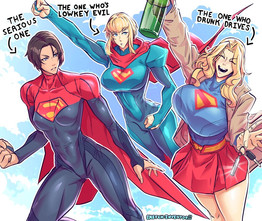 3girls, absurdres, black_hair, blonde_hair, blue_eyes, bodysuit, bottle, breasts, brown_coat, cape, car_keys, coat, dc_comics, flying, full_body, highres, huge_breasts, kara_danvers, key, large_breasts, long_hair, looking_at_another, multicolored_bodysuit, multiple_girls, multiple_persona, my_adventures_with_superman, open_mouth, red_cape, red_skirt, scarf, sketchinventor, skirt, smile, supergirl, superman_(2025), superman_(series), the_flash_(movie), the_flash_(series), wine_bottle