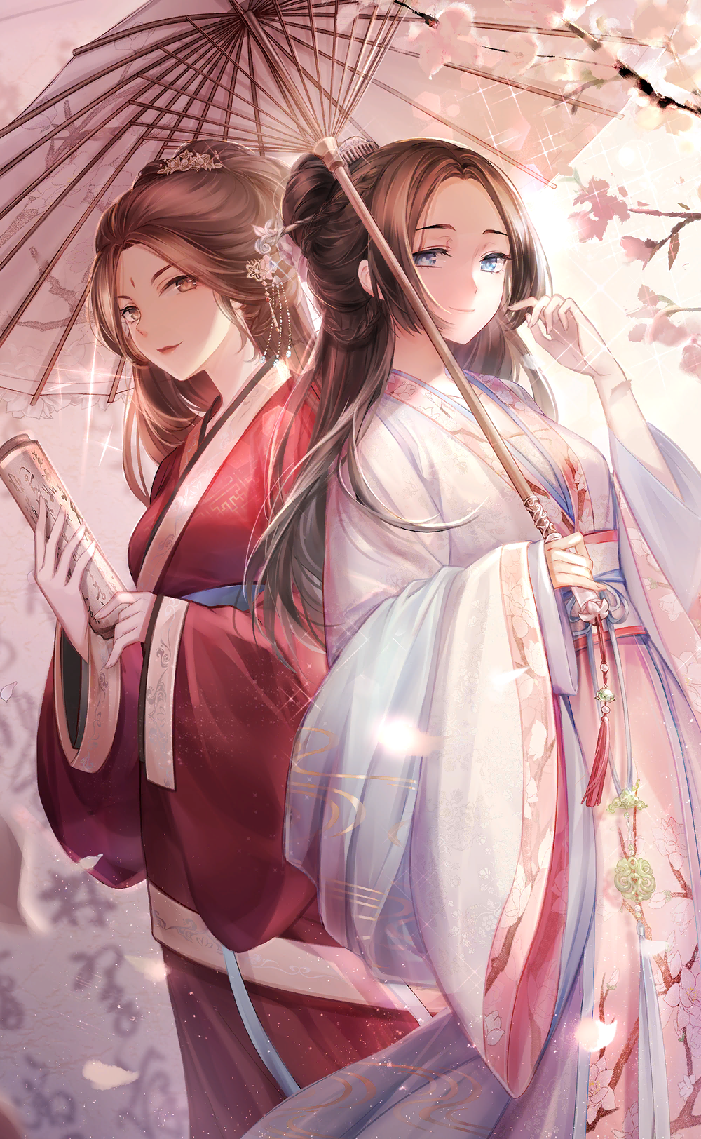 2girls, artist_request, back-to-back, black_hair, blue_eyes, blue_ribbon, blue_sash, blue_shawl, branch, brown_hair, cherry_blossoms, chinese_clothes, chinese_hairpin, closed_mouth, facial_mark, falling_petals, feet_out_of_frame, flower, forehead, forehead_mark, game_cg, hair_bun, hair_flower, hair_ornament, hand_in_own_hair, hanfu, happy, highres, holding, holding_scroll, holding_umbrella, japanese_clothes, jiang_xitong_(shining_nikki), kimono, light_particles, lipstick, long_hair, makeup, multiple_girls, nikki_(series), obi, official_art, oil-paper_umbrella, outdoors, petals, pink_flower, pink_hanfu, qing_yumo_(shining_nikki), red_kimono, red_lips, ribbon, robe, sash, scroll, shawl, shining_nikki, single_hair_bun, sky, smile, sparkle, spring_(season), striking_beauty_(shining_nikki), sunset, transparent, transparent_umbrella, tsurime, umbrella, waist_ribbon, waist_sash, white_robe, white_umbrella, yellow_eyes, yellow_sky