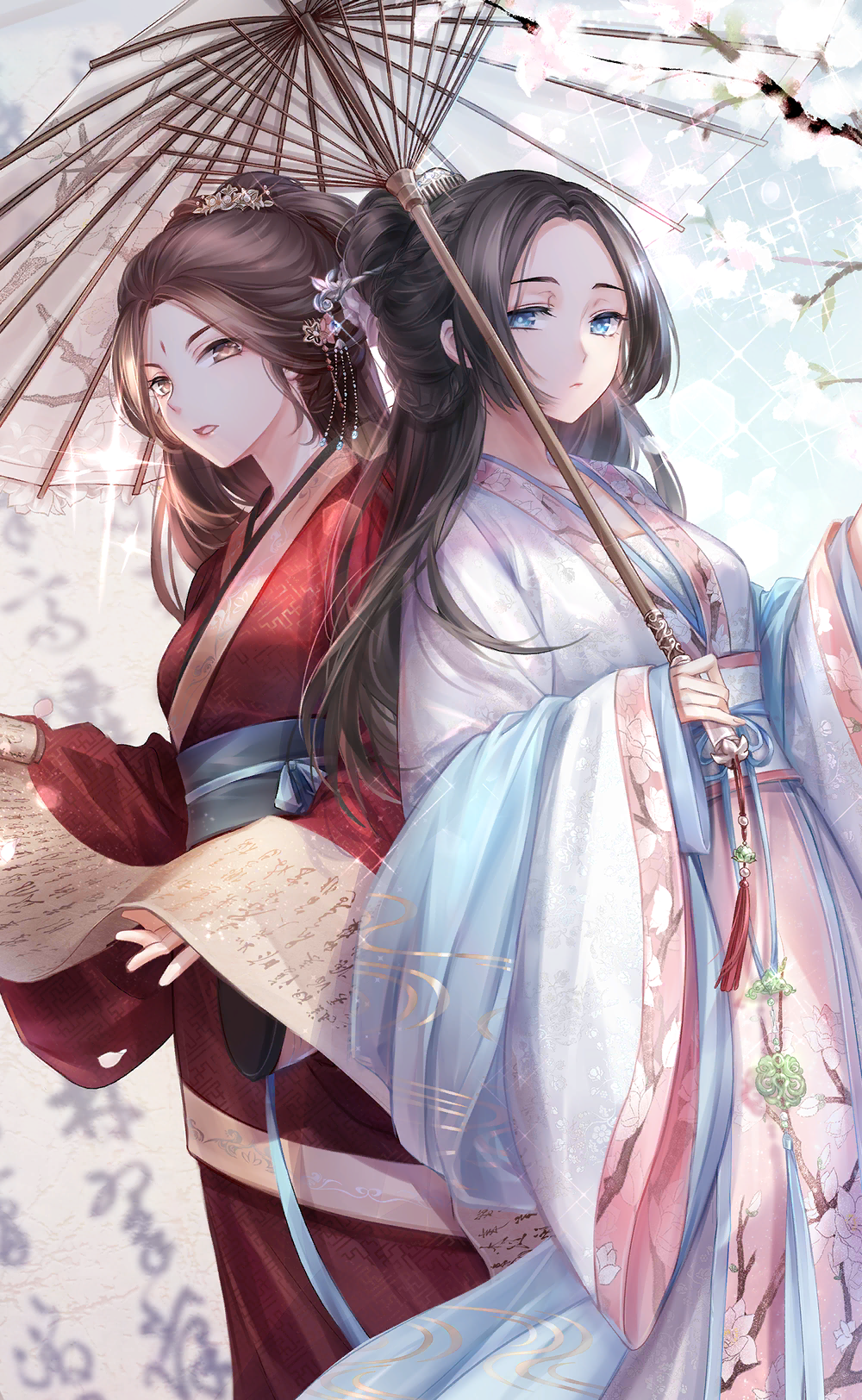 2girls, annoyed, artist_request, back-to-back, black_hair, black_sash, blue_bow, blue_eyes