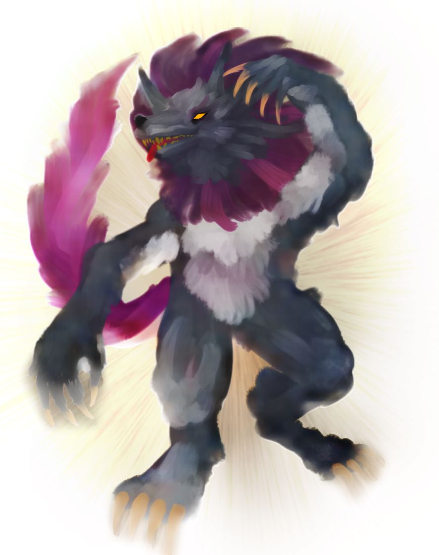 black_fur, cannibal_beast_(grimms_notes), grimms_notes, khaos_impact, monster, monster_focus, red_fur, solo, tongue, tongue_out, yellow_eyes