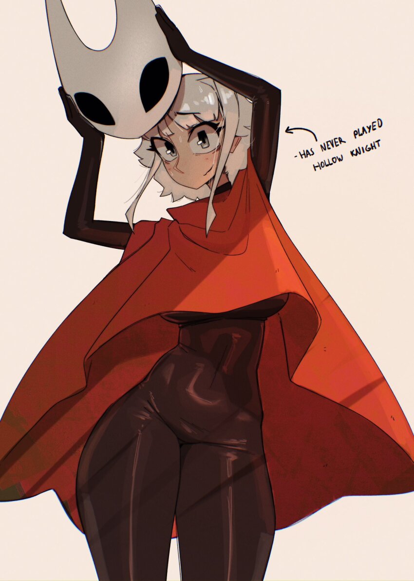 1girl, arrow_(symbol), black_bodysuit, bodysuit, cape, contrapposto, cosplay, english_text, feet_out_of_frame, grey_eyes, hands_up, highres, holding, holding_mask, hollow_knight, hornet_(hollow_knight), hornet_(hollow_knight)_(cosplay), looking_at_viewer, mask, medium_hair, nose, red_cape, shibansfw, simple_background, skin_tight, smile, standing, thick_thighs, thighs, white_hair, wide_hips, yellow_background