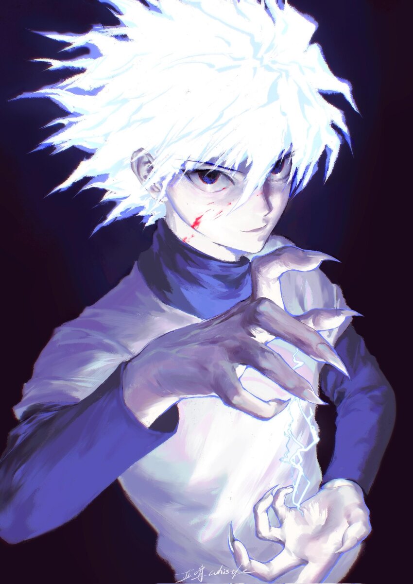 1boy, blood, blood_on_face, blue_eyes, closed_mouth, commentary, corrupted_twitter_file, electricity