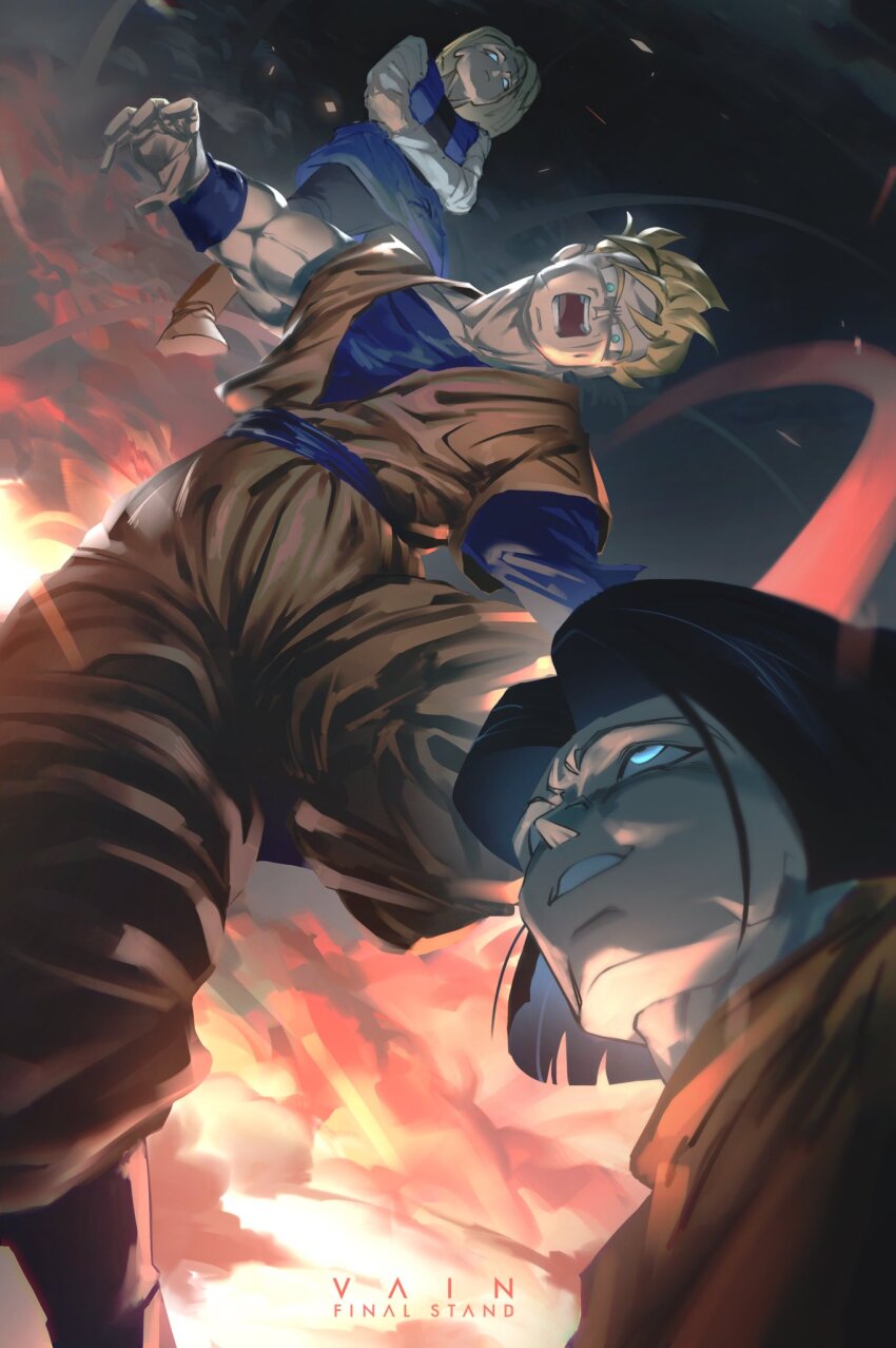 1girl, 2boys, amputee, android_17, android_18, battle, black_hair, black_pantyhose, black_shirt, blonde_hair, blue_eyes, blue_shirt, blue_skirt, blue_vest, crossed_arms, denim, denim_skirt, denim_vest, dougi, dragon_ball, dragonball_z, explosion, green_eyes, highres, midair, multiple_boys, muscular, muscular_male, orange_pants, orange_shirt, pants, pantyhose, shirt, short_hair, skirt, son_gohan, son_gohan_(future), spiked_hair, terminal_000, vest