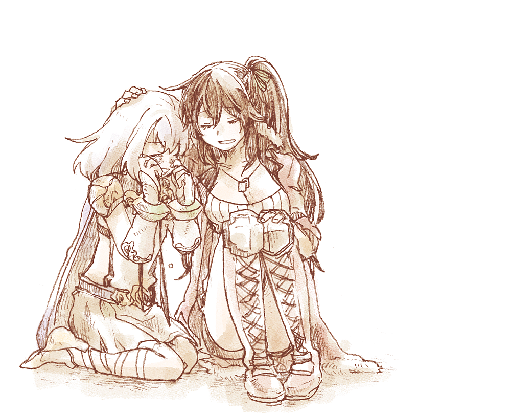 2girls, amy_(another_eden), another_eden, arm_guards, belt, boots, breasts, brown_theme