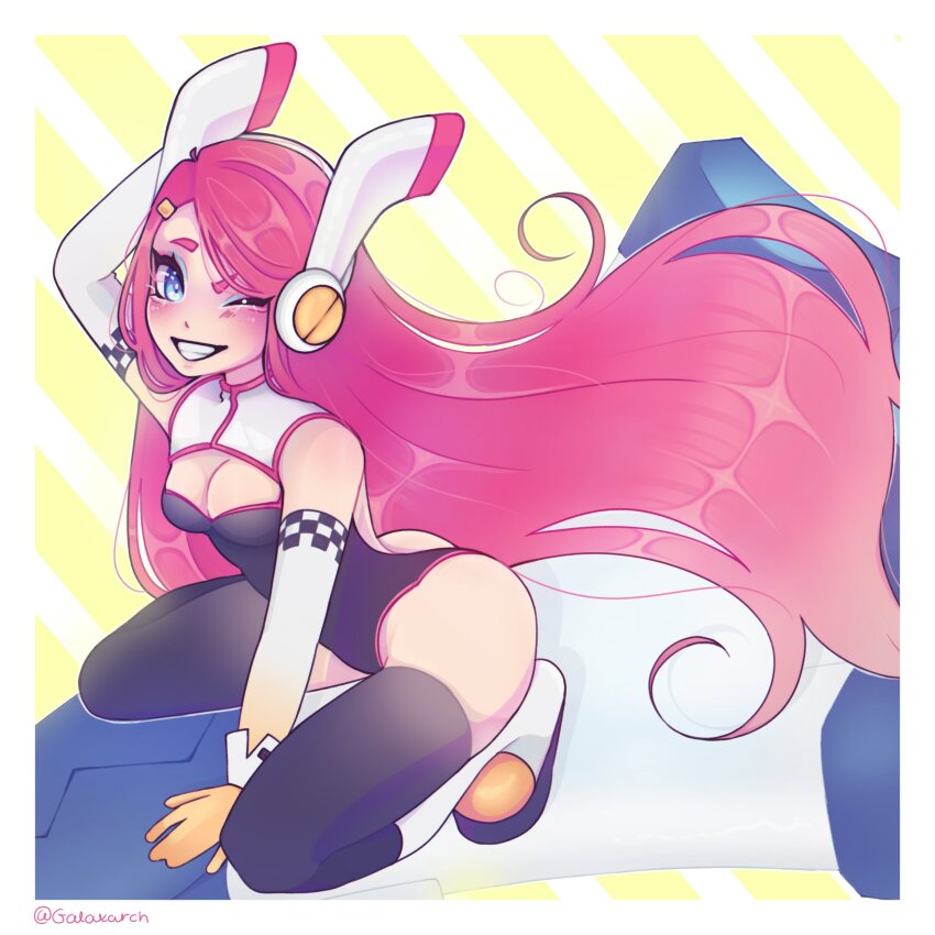 1girl, absurdres, arm_behind_head, ass, blue_eyes, breasts, galaxarch, gloves, highres, humanization, kirby_(series), kirby_air_ride, kirby_air_riders, leotard, long_hair, looking_at_viewer, nintendo, one_eye_closed, pink_hair, small_breasts, solo, susie_(kirby), thong_leotard, twitter_username, very_long_hair, wing_star, wrist_cuffs, yellow_gloves