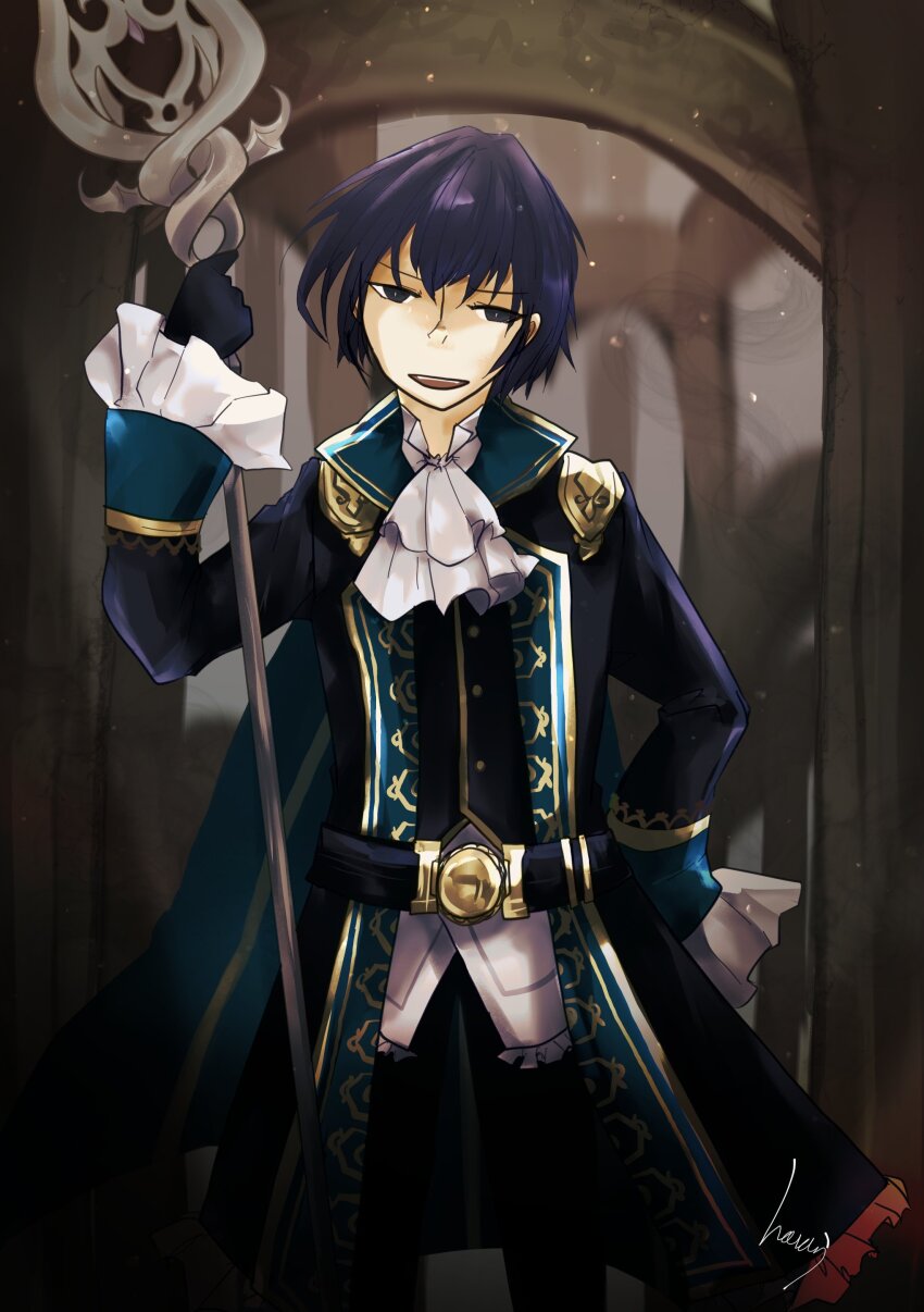 absurdres, anyway_hanami, baron_munchausen_(grimms_notes), blue_hair, grimms_notes, highres, holding, holding_staff, male_focus, open_mouth, short_hair, smile, solo, staff