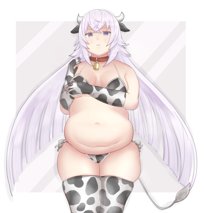 1girl, animal_print, big_belly, bikini, breasts, closed_mouth, cow_print, cow_print_bikini