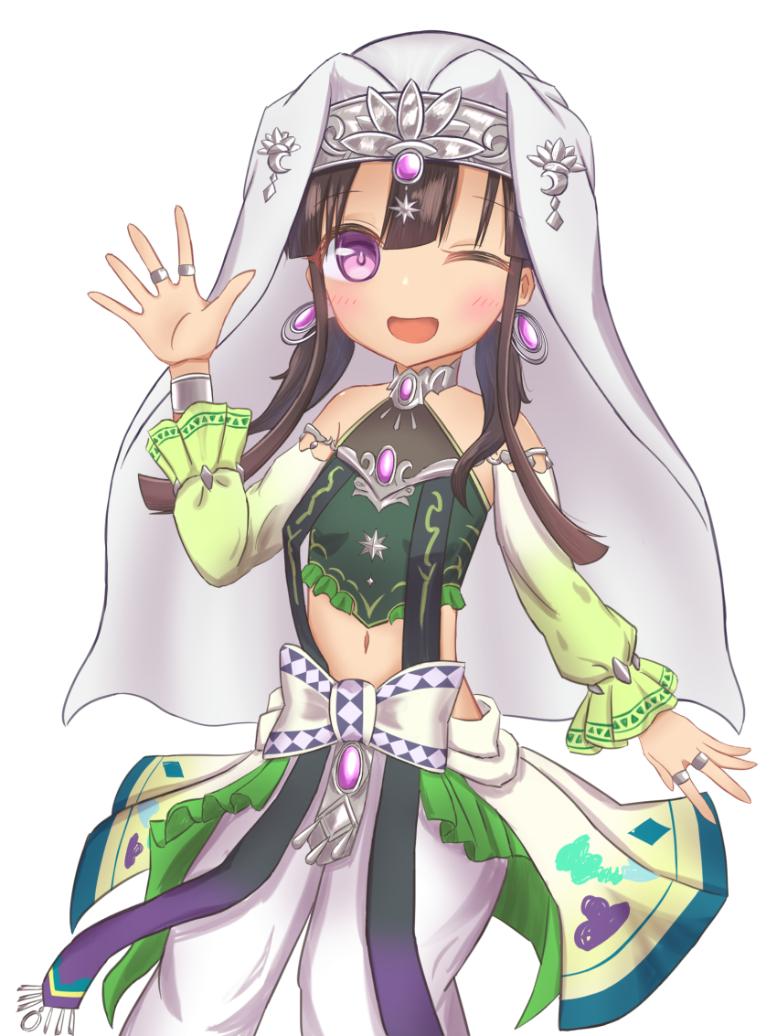 1girl, arabian_clothes, brown_hair, dunyazad_(grimms_notes), grimms_notes, hand_up, highres, sgr138, simple_background, solo, waving, white_background