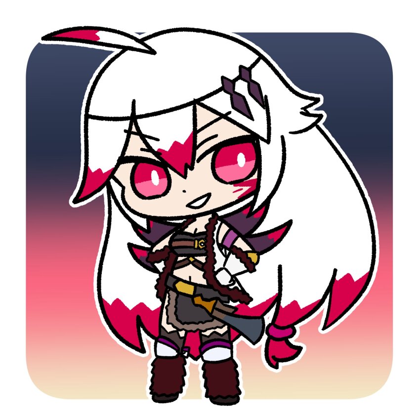 1girl, alexandra_(grimms_notes), chibi, chibi_only, grimms_notes, grin, highres, kiyu_wosushi, multicolored_hair, red_eyes, red_hair, smile, solo, teeth, two-tone_hair, white_hair