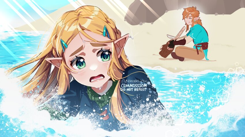 1boy, 1girl, absurdres, aqua_tunic, beach, black_gloves, blush, boots