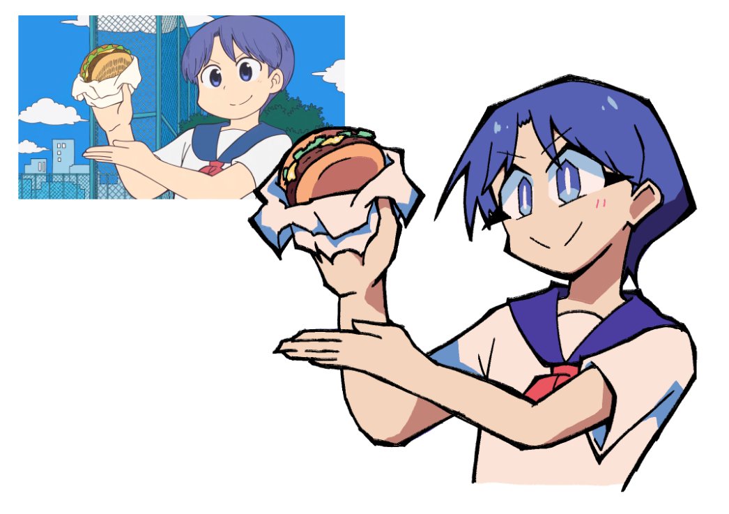 1girl, amakazari_eri, blue_eyes, blue_hair, blue_sailor_collar, burger, city_(arawi_keiichi), cropped_torso