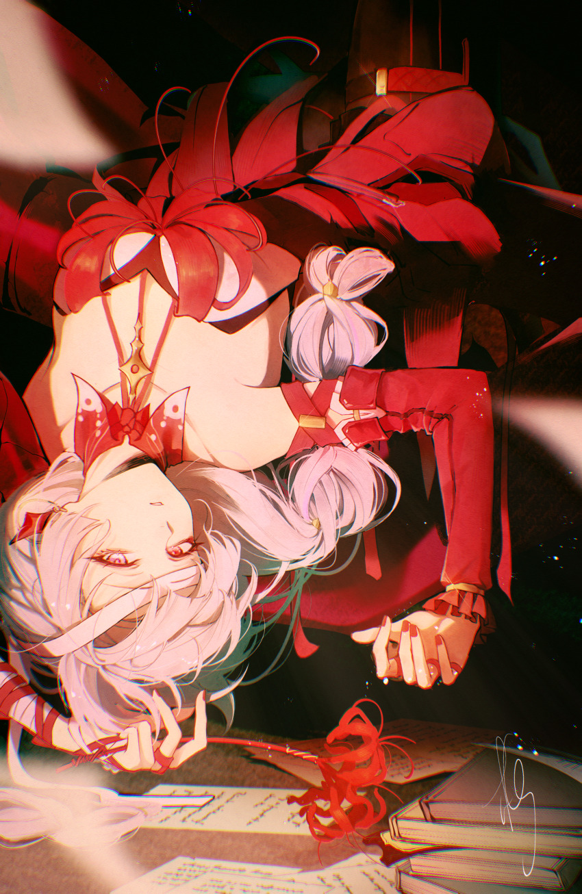 1girl, absurdres, bandaged_arm, bandages, bare_shoulders, black_pantyhose, book, book_stack