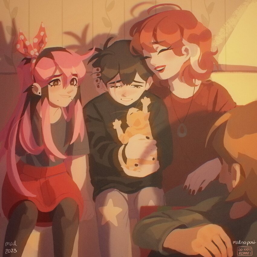 2023, 2boys, 2girls, alternate_costume, animal, antenna_hair, artist_name, aubrey_(faraway)_(omori), aubrey_(omori), black_eyes, black_hair, black_pantyhose, black_shirt, black_sweater, bright_pupils, brown_hair, cat, claus_(omori), closed_eyes, collarbone, dark-skinned_male, dark_skin, double-parted_bangs, ear_piercing, grey_pants, hair_between_eyes, highres, holding, holding_animal, jewelry, kel_(faraway)_(omori), kel_(omori), long_hair, long_sleeves, looking_at_another, madnopost, mole, mole_under_eye, mole_under_mouth, mother_and_child, mother_and_son, multiple_boys, multiple_girls, necklace, omori, one_eye_closed, open_mouth, pants, pantyhose, parent_and_child, parted_lips, piercing, pink_hair, polka_dot_hairband, red_lips, red_nails, red_skirt, scar, scar_across_eye, scar_on_face, shirt, short_hair, short_sleeves, sitting, skirt, spoilers, sunny's_mother_(omori), sunny_(omori), sweater, t-shirt, tearing_up, white_pupils