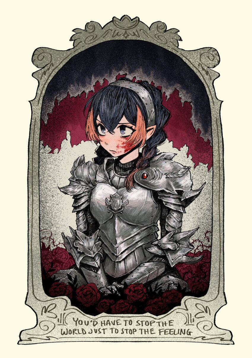 1girl, absurdres, armor, black_hair, blonde_hair, blood, blood_on_face, blue_eyes, blush, border, braid, breastplate, chainmail, commentary, english_commentary, english_text, flower, gauntlets, hair_between_eyes, hairband, highres, low_twin_braids, medium_hair, metal_hairband, mochadree, multicolored_hair, nijisanji, nijisanji_en, ornate_border, own_hands_clasped, own_hands_together, pauldrons, petra_gurin, plant, pointy_ears, red_flower, red_rose, rose, serious, shoulder_armor, solo, streaked_hair, thorns, twin_braids, upper_body, vambraces, vines, virtual_youtuber