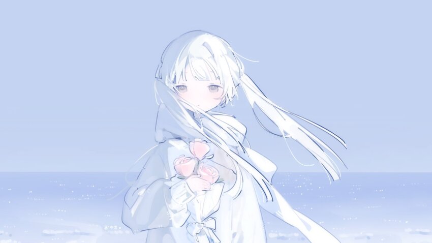 1girl, blue_background, blush, bouquet, closed_mouth, expressionless, floating_hair, flower