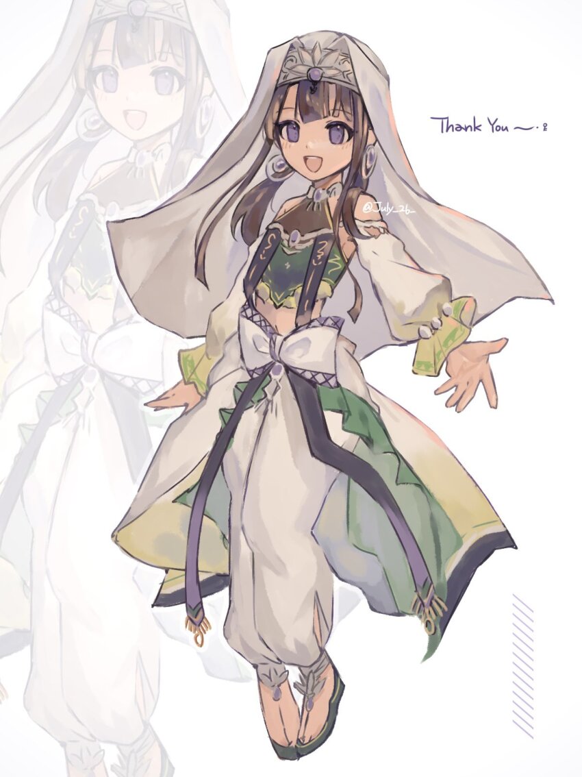 1girl, arabian_clothes, brown_hair, dunyazad_(grimms_notes), english_text, full_body, grimms_notes, highres, ooya_(july_26), open_mouth, smile, solo