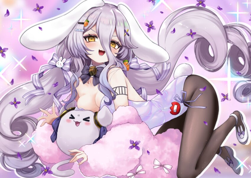 1girl, absurdres, animal_ears, black_pantyhose, blush, breasts, carrot_hair_ornament, cleavage