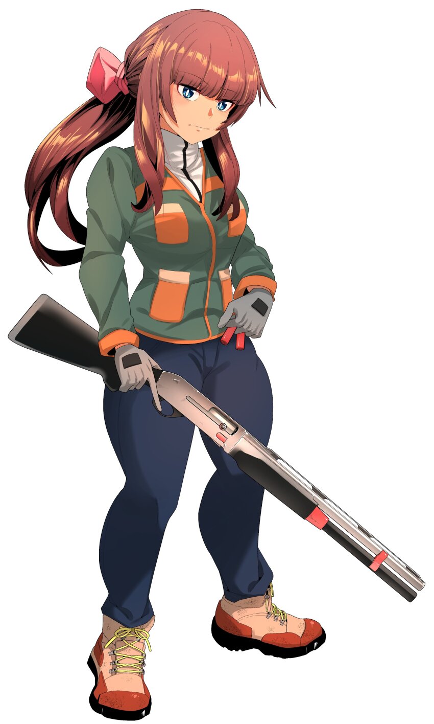 1girl, absurdres, ammunition, blue_eyes, blue_pants, breasts, brown_hair, brown_shoes