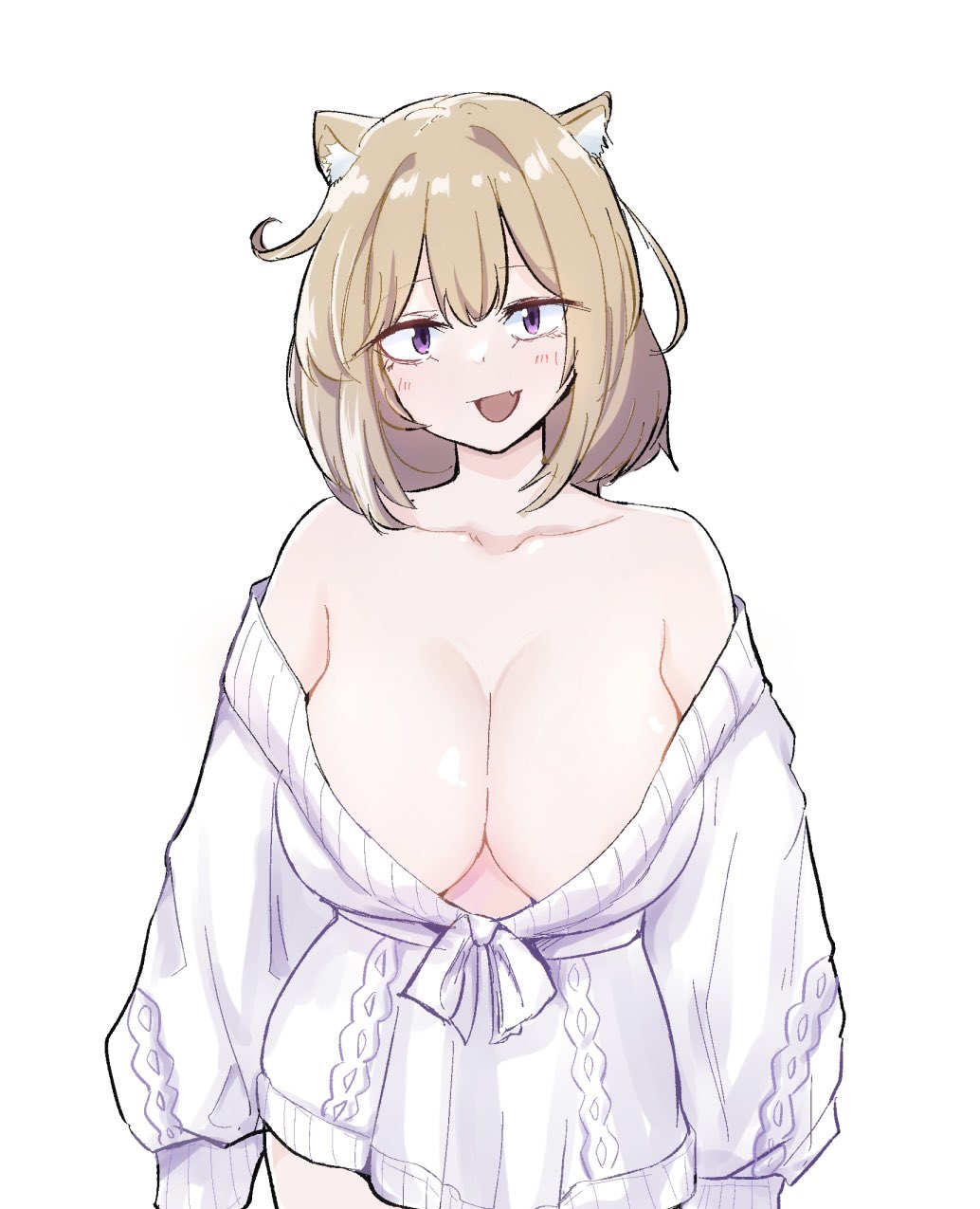 1girl, :d, animal_ear_fluff, animal_ears, arknights, arms_at_sides, bare_shoulders, blonde_hair