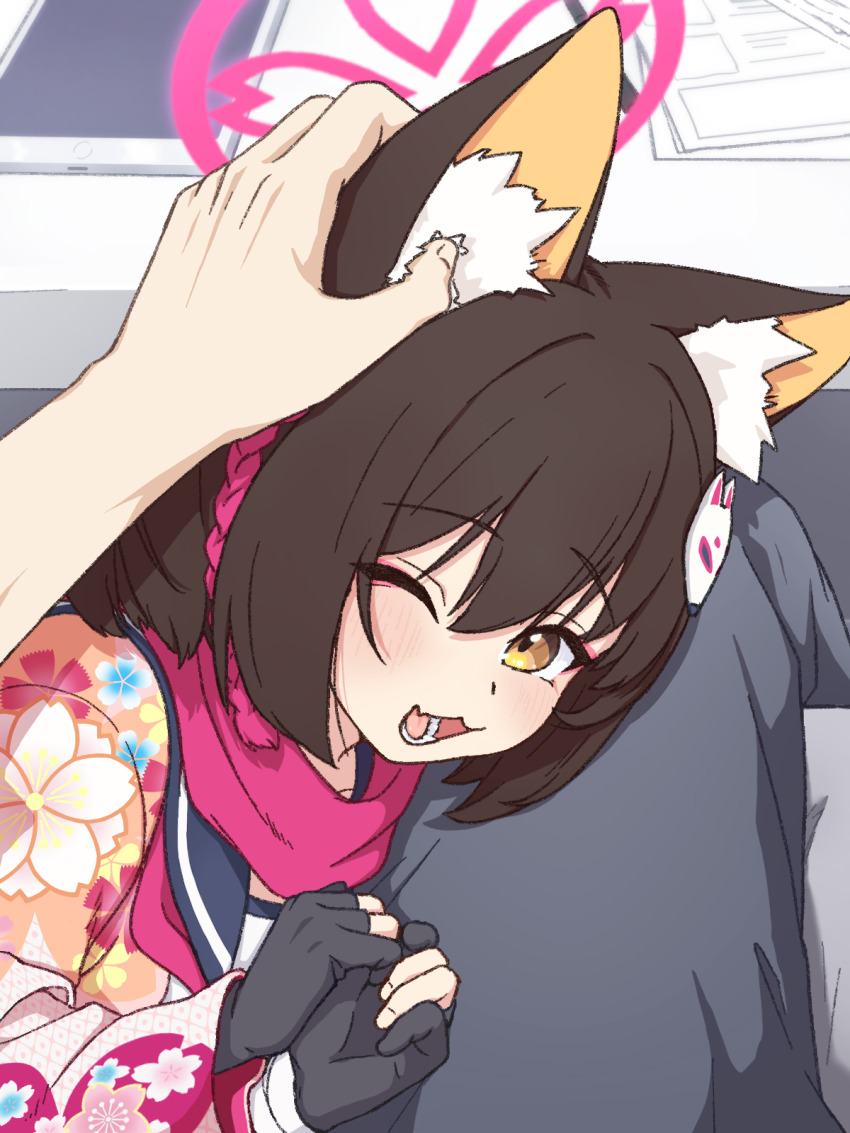 1boy, 1girl, animal_ear_fluff, animal_ears, black_gloves, black_hair, blue_archive, blush