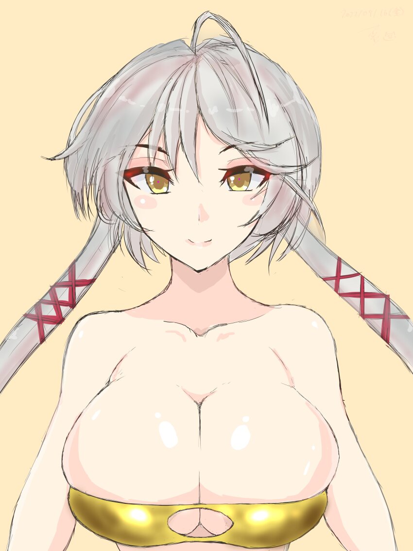 1girl, absurdres, breasts, chaos_karen_(grimms_notes), closed_mouth, gold_bra, grey_hair, grimms_notes, highres, huge_breasts, husima, looking_at_viewer, smile, solo
