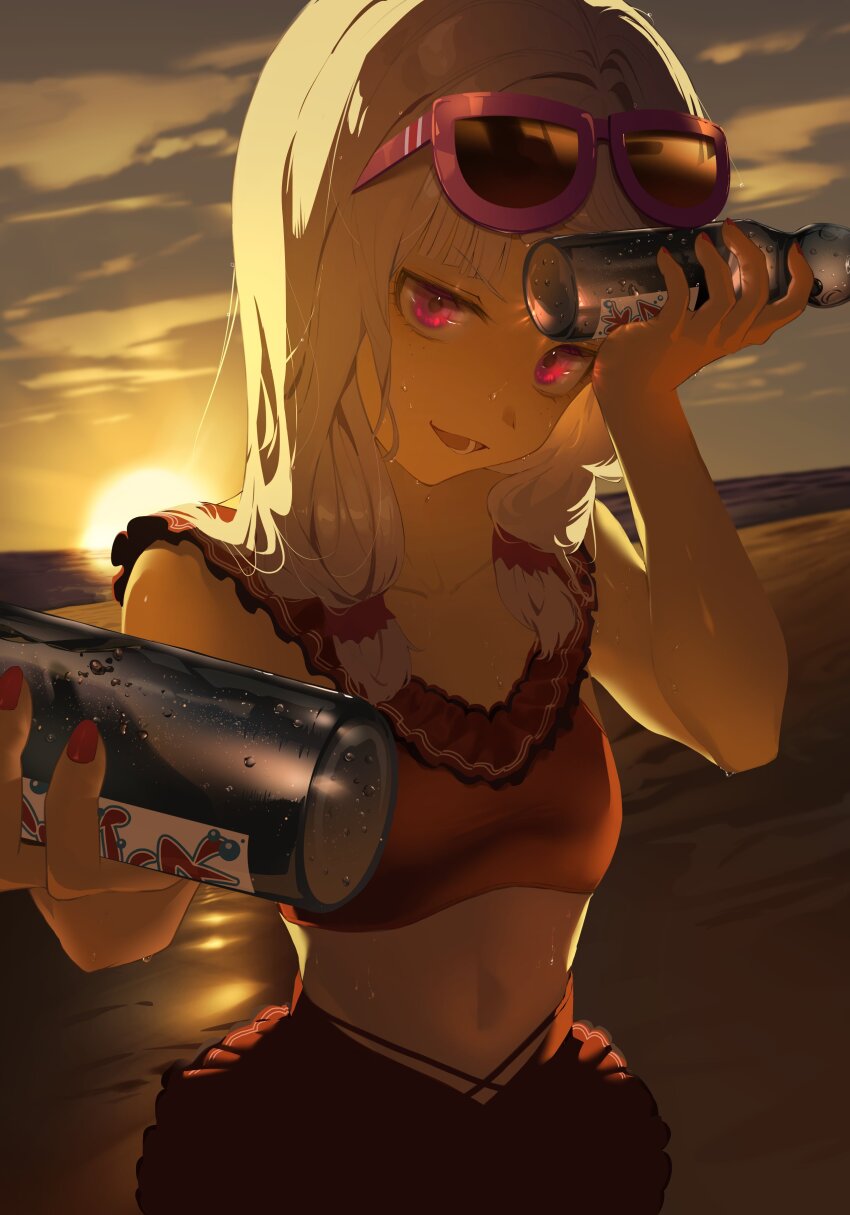 1girl, absurdres, agria_(midsummer_girl)_(tales), agria_(tales), beach, bikini, blunt_bangs, bottle