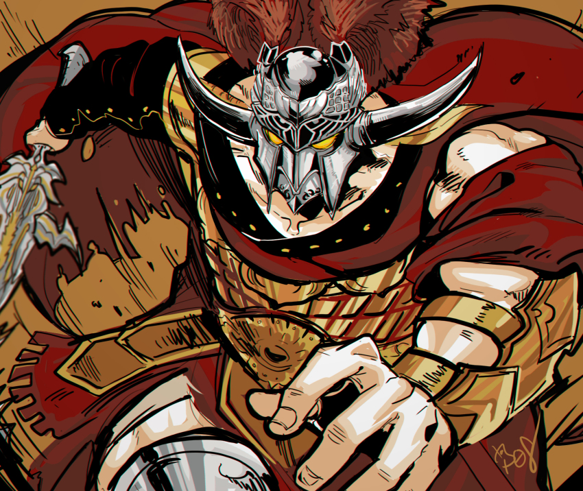 1boy, cape, grimms_notes, helmet, highres, holding, holding_sword, holding_weapon