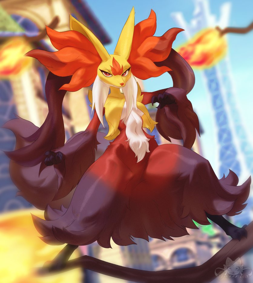 animal_ear_fluff, blurry, blurry_background, building, day, delphox, depth_of_field, fire