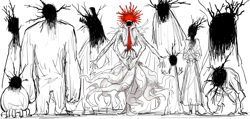 blot_plot, commentary_request, creepy, extra_arms, full_body, highres, hyuba_(kankan33333), kankan33333, monster, monster_focus, no_eyes, open_mouth, original, own_hands_together, possessed, simple_background, sketch, spot_color, standing, surprised, teeth, white_background