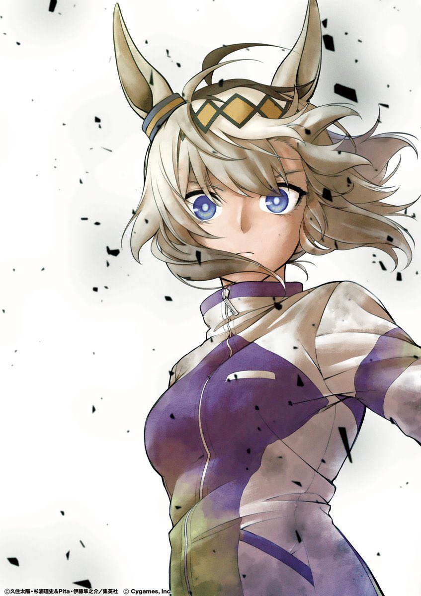 1girl, ahoge, animal_ears, blowing_hair, blue_eyes, breasts, cleaned, closed_mouth