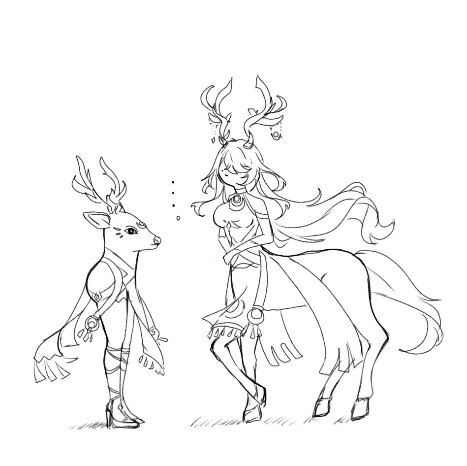 ..., ._., 1girl, animal_ears, antlers, breasts, centauroid, commentary_request, deer, deer_antlers, deer_ears, deer_girl, deer_tail, dress, full_body, genshin_impact, gunocha, hair_over_one_eye, high_heels, horns, large_breasts, lauma_(genshin_impact), monster_girl, multiple_legs, sketch, sleeveless, sleeveless_dress, standing_on_three_legs, tail, taur