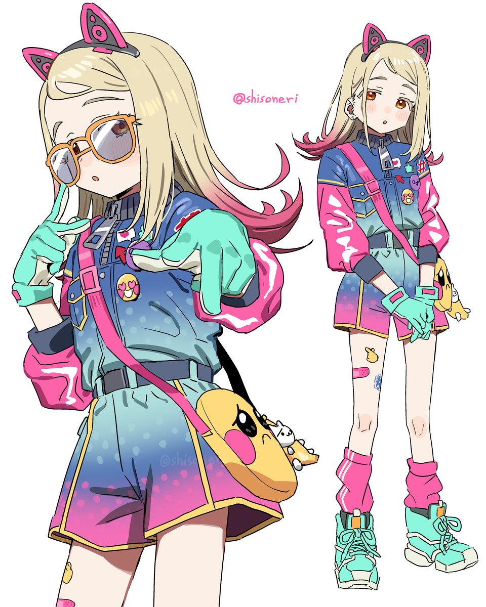 1girl, animal_ears, aqua_gloves, aqua_shoes, artist_name, badge, bag, bandaged_leg