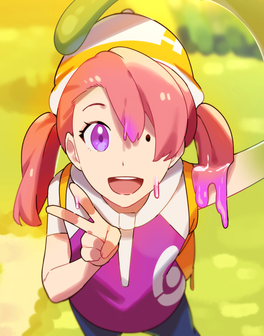 1girl, :d, arm_up, asymmetrical_arms, asymmetrical_eyes, blurry, blurry_background, brown_hair, commentary_request, ditto, dripping, duokuma, eyelashes, female_protagonist_(pokemon_pokopia), gen_1_pokemon, hat, highres, looking_at_viewer, nintendo, open_mouth, outdoors, pokemon, pokemon_(creature), pokemon_focus, pokemon_pokopia, purple_eyes, purple_shirt, shirt, short_sleeves, slime_(substance), smile, solo, teeth, tentacles, transformation, transformed_ditto, twintails, upper_teeth_only, v, white_hat