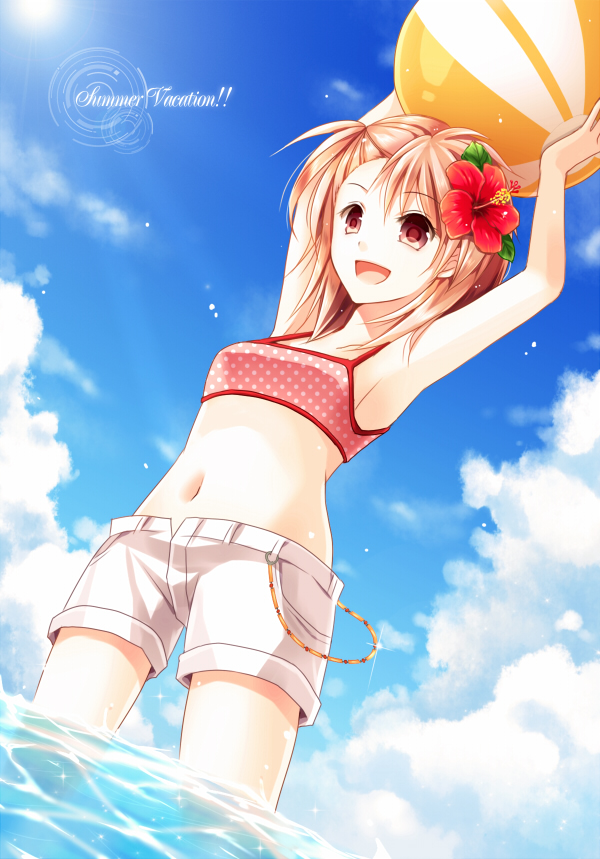 1girl, armpits, arms_up, bad_id, bad_pixiv_id, ball, bare_arms, beachball