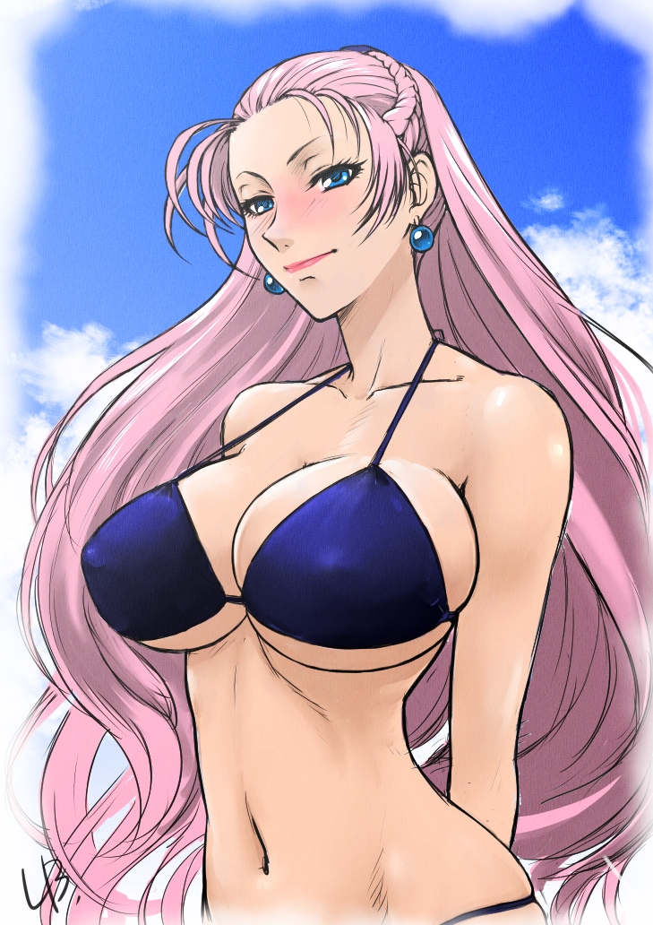 00s, 1girl, arms_behind_back, bare_shoulders, bikini, blue_eyes, blush, braid, breasts, cleavage, cloud, covered_erect_nipples, earrings, female_focus, french_braid, jewelry, juliana_eberhardt, large_breasts, lb, light_smile, lips, lipstick, makeup, navel, pink_hair, senjou_no_valkyria, senjou_no_valkyria_(series), senjou_no_valkyria_2, sideboob, skindentation, sky, solo, strap_gap, swimsuit, underboob, yuliana_eberhart
