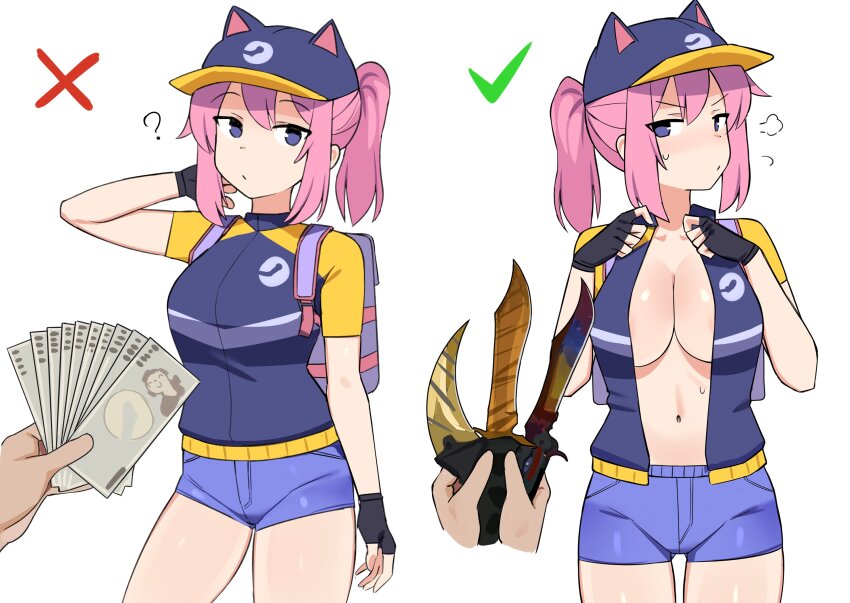 1girl, ?, absurdres, animal_ear_headwear, animal_hat, backpack, bag, bare_arms, black_gloves, blue_eyes, blue_shorts, blush, breasts, cat_hat, cleavage, commentary, english_commentary, fake_animal_ears, fingerless_gloves, fistful_of_yen_(meme), gloves, hat, highres, jacket, knife, large_breasts, looking_at_viewer, medium_hair, meme, money, money_fan, multiple_views, navel, no_bra, open_clothes, open_jacket, peps_art, pink_hair, ponytail, short_shorts, short_sleeves, shorts, simple_background, steam_(platform), steam_delivery_girl, white_background