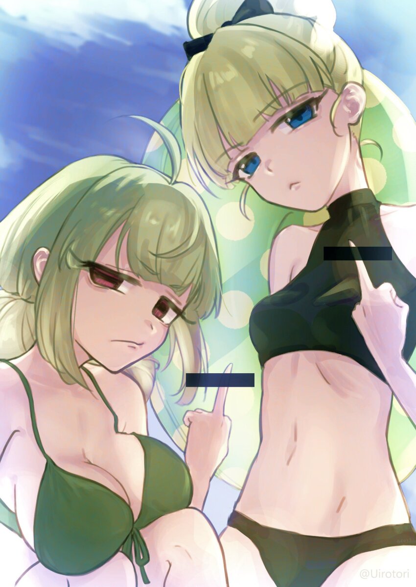 2girls, ahoge, araga_kiwi, bar_censor, black_bow, blonde_hair, blue_eyes, bow, breasts, censored, cleavage, double_bun, hair_bow, hair_bun, highres, huge_ahoge, inflatable_raft, large_breasts, looking_at_viewer, mahou_shoujo_ni_akogarete, middle_finger, multiple_girls, navel, purple_eyes, single_hair_bun, small_breasts, swimsuit, tenkawa_kaoruko, uiro_tori