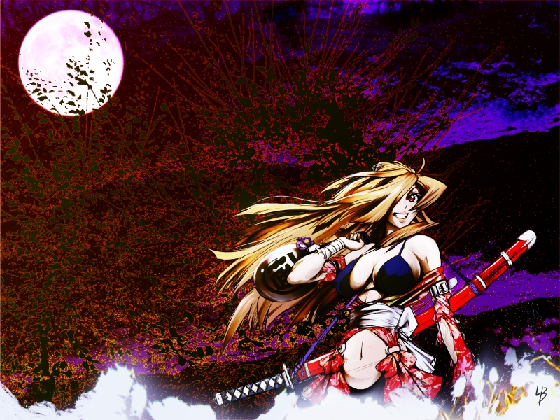 1girl, blonde_hair, blood, breasts, female_focus, full_moon, grin, hair_over_one_eye