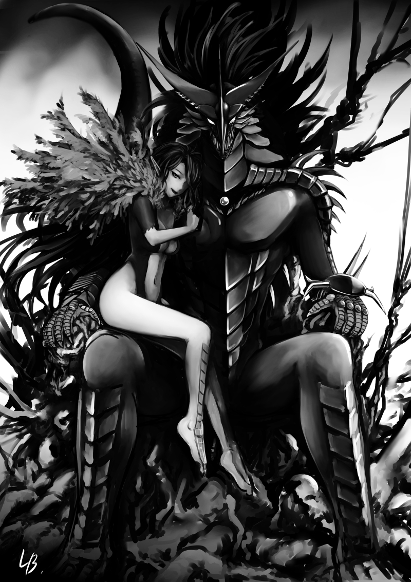 1girl, armor, barefoot, breasts, greyscale, hair_over_one_eye, kiryuu_senki_nargas, lb