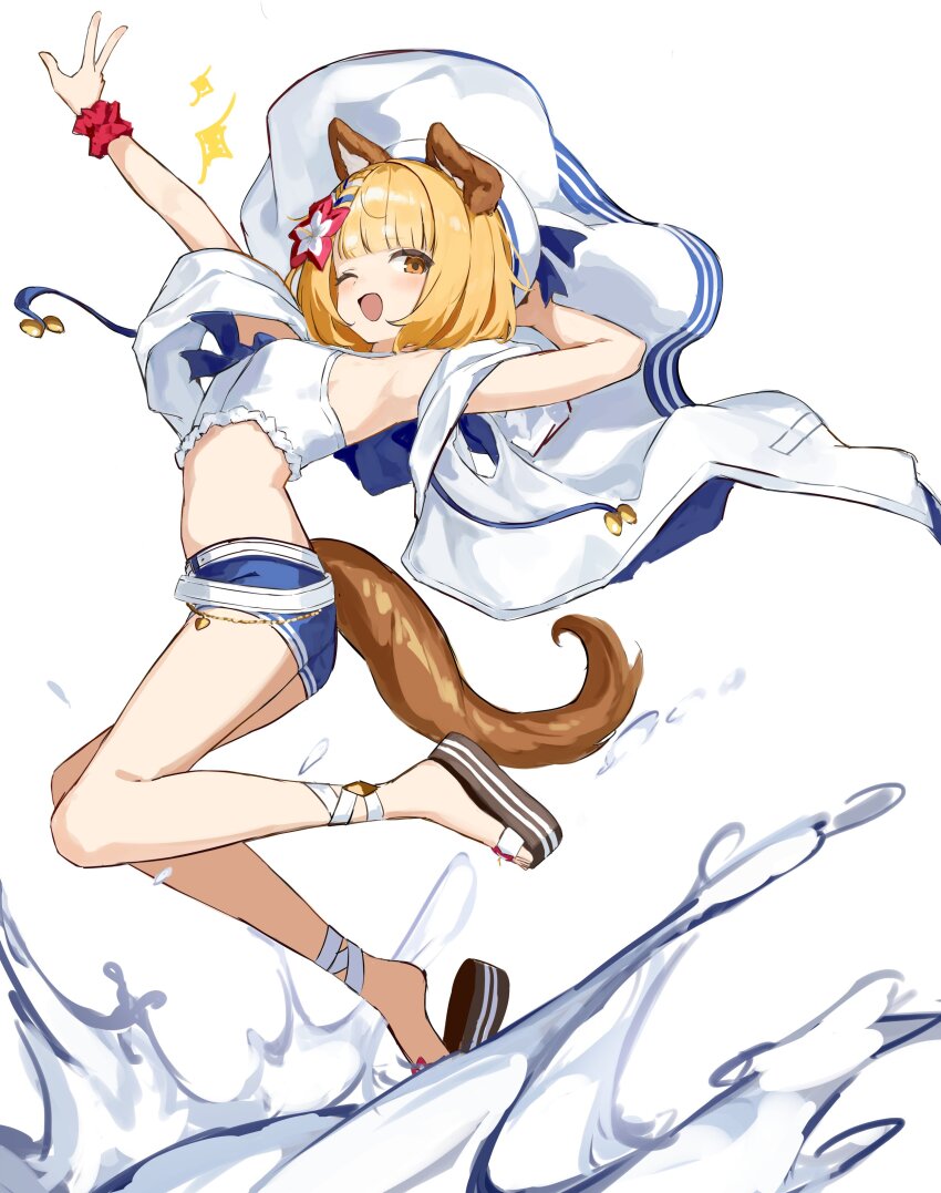 1girl, absurdres, animal_ears, arm_on_own_head, arm_up, blonde_hair, blue_hat, blue_jacket