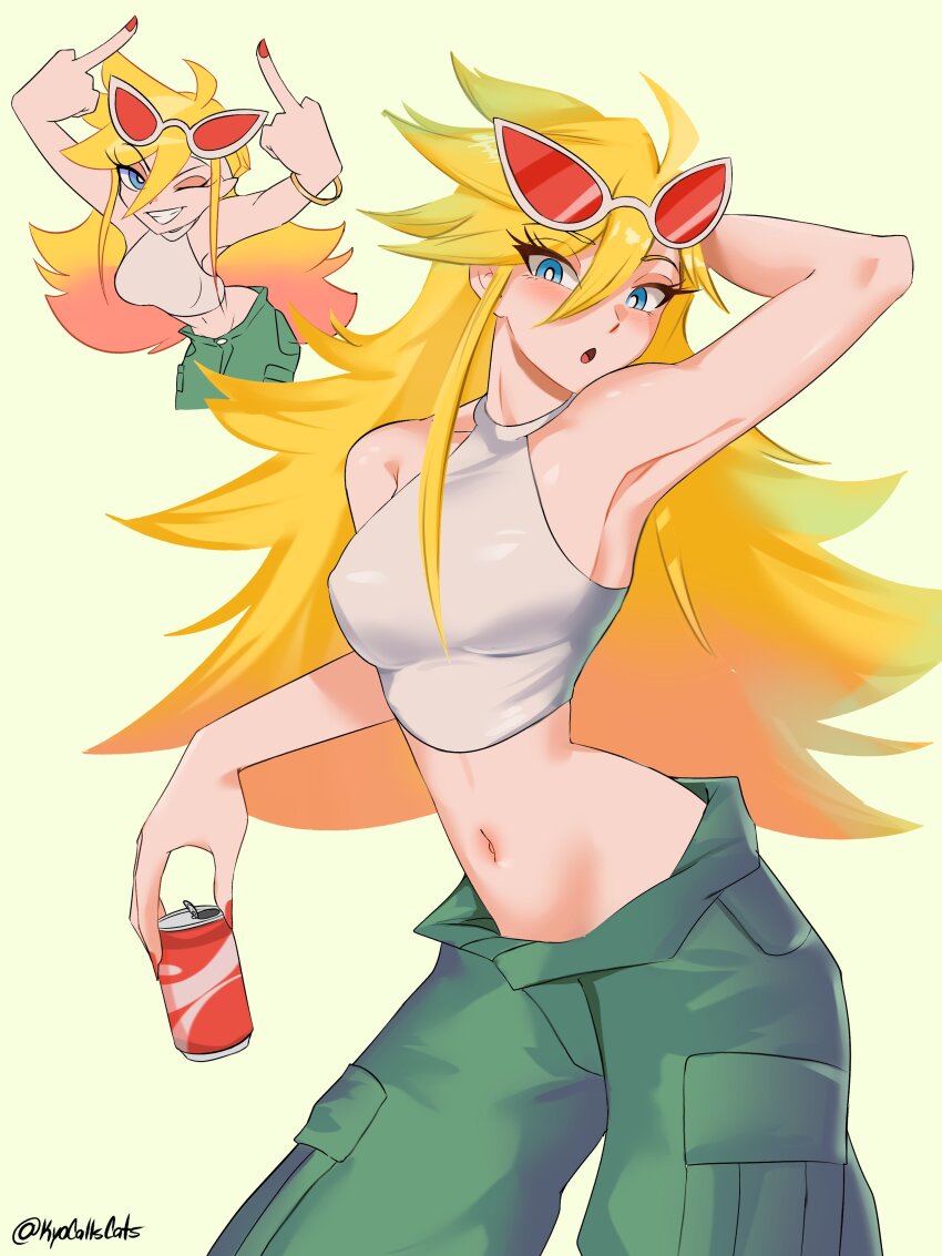 1girl, absurdres, arm_behind_head, armpits, blonde_hair, blue_eyes, blush, bracelet