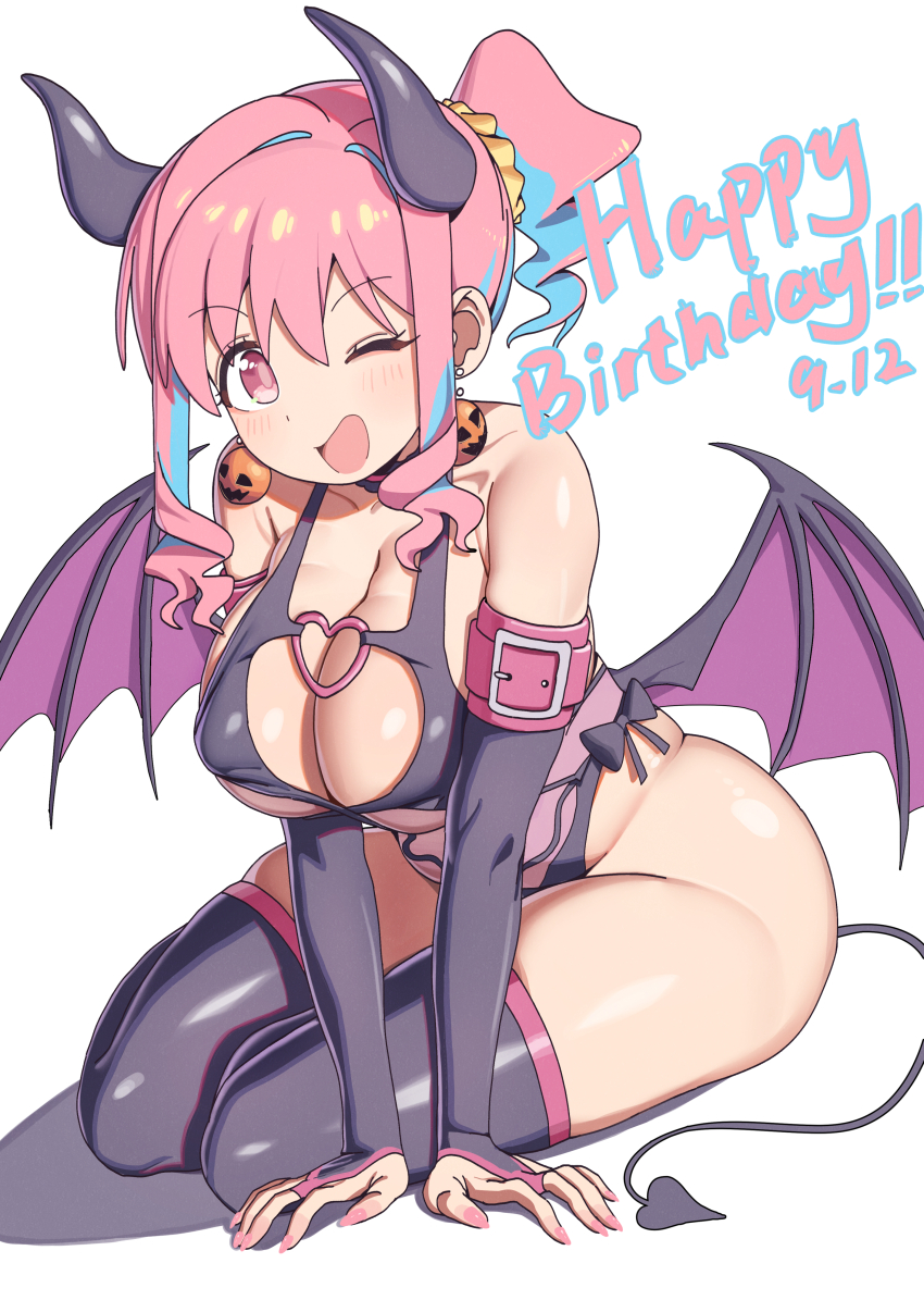 1girl, absurdres, alternate_costume, anime_coloring, arm_strap, arm_support, armpit_crease, bare_shoulders, belt_buckle, black_choker, black_gloves, black_ribbon, black_thighhighs, blue_streaks, blush, breasts, bridal_gauntlets, buckle, choker, cleavage, collarbone, commentary, dated, demon_girl, demon_horns, demon_tail, demon_wings, earrings, english_commentary, floating_earrings, frilled_choker, frills, full_body, gloves, hair_ornament, hair_scrunchie, halloween_costume, happy_birthday, heart_ornament, highleg, highleg_leotard, highres, horns, hozuki_kaede, jewelry, large_breasts, leotard, long_sidelocks, looking_at_viewer, low_wings, multicolored_hair, nail_polish, on_floor, one_eye_closed, onii-chan_wa_oshimai!, open_mouth, pink_eyes, pink_hair, pink_nails, pink_pupils, pink_trim, ponytail, pumpkin_ornament, revealing_clothes, ribbon, scrunchie, shadow, shiny_skin, short_ponytail, side_ponytail, sidelocks, simple_background, sitting, skindentation, smile, solo, tail, thighhighs, two-tone_hair, underboob, wavy_hair, white_background, wings, ylong
