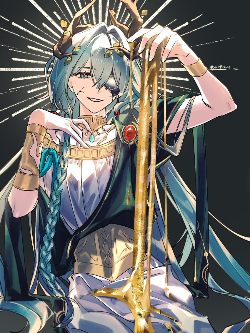 1boy, alternate_costume, alternate_hair_length, alternate_hairstyle, anaxa_(honkai:_star_rail), ancient_greek_clothes, antlers, aqua_eyes, aqua_gem, aqua_hair, aqua_ribbon, black_background, bleeding, blood, bracer, braid, collarbone, commentary, corset, cowboy_shot, cracked_skin, earrings, english_commentary, gem, gold_choker, greco-roman_clothes, green_shawl, hair_between_eyes, hair_intakes, hands_up, highres, himation, hole_in_face, honkai:_star_rail, honkai_(series), horns, jewelry, long_hair, looking_at_viewer, male_focus, no_eyepatch, parted_lips, red_gem, red_pupils, ribbon, robe, shawl, side_braid, single_earring, sitting, sleeveless, sleeveless_robe, smile, solo, sunburst, tree_horns, twitter_username, very_long_hair, white_robe, yellow_blood, yellow_corset, yulm315001