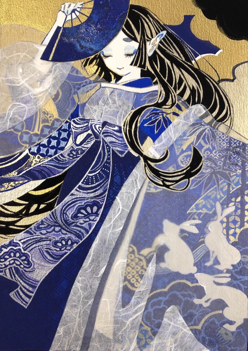 1girl, animal_print, arm_up, black_hair, blue_eyeshadow, blue_kimono, closed_eyes, closed_mouth