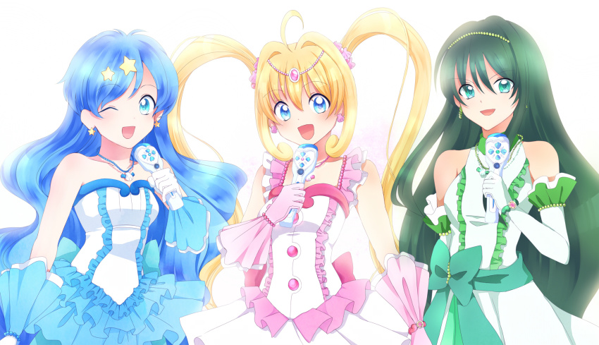 00s, 3girls, bad_id, bad_pixiv_id, blonde_hair, blue_eyes, blue_hair, blush
