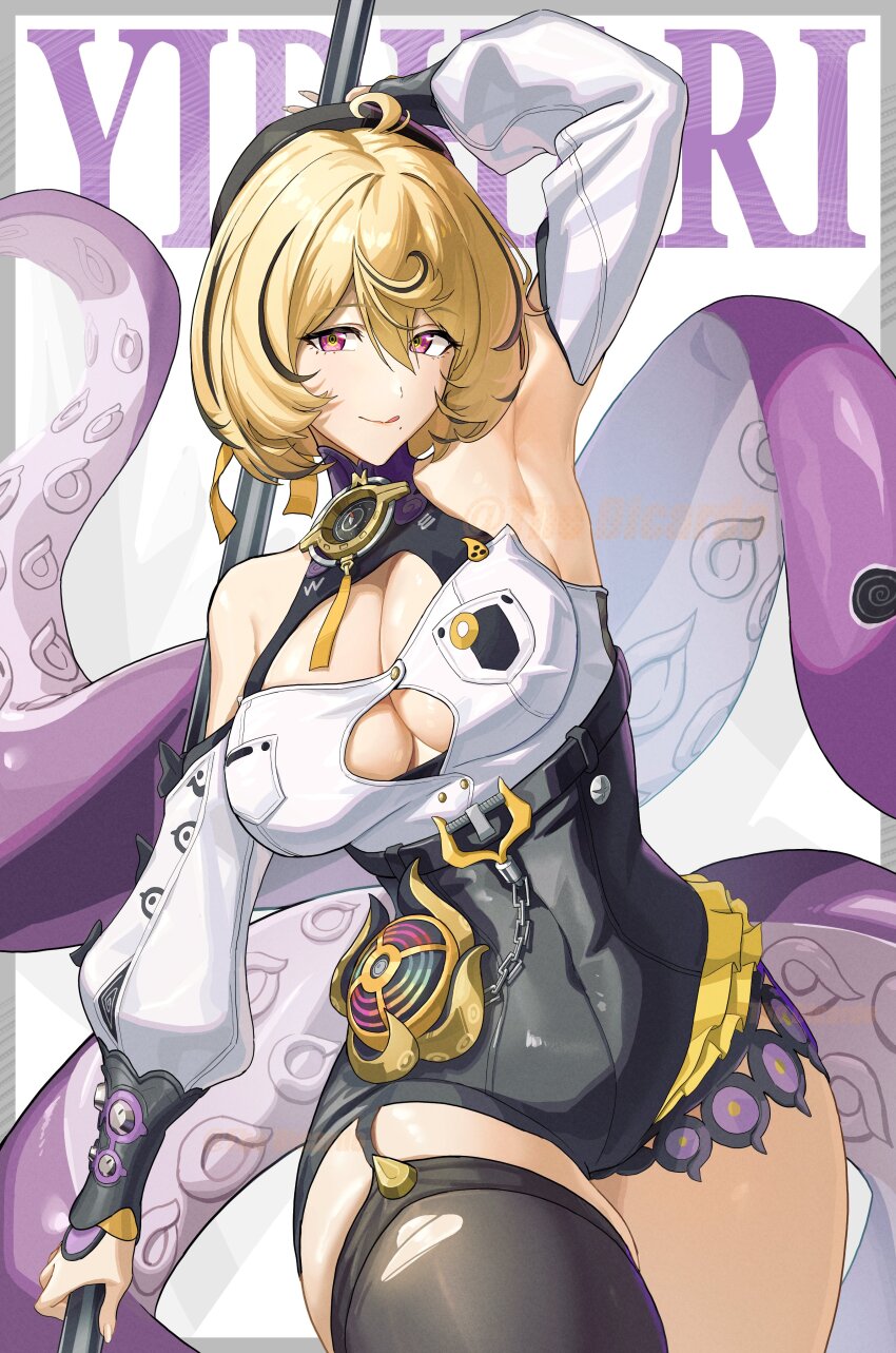 1girl, absurdres, accessories, arm_up, armpits, asymmetrical_shorts, bare_shoulders, blonde_hair