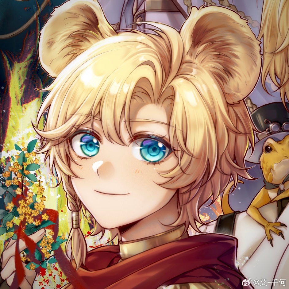 1boy, ai-qian_he, animal_ears, aqua_eyes, blonde_hair, branch, chinese_commentary, closed_mouth, curtained_hair, flower, gold_choker, gold_osmanthus, hair_between_eyes, hair_tubes, holding, holding_flower, lars_rorschach, lion_boy, lion_ears, looking_at_viewer, lovebrush_chronicles, low-tied_sidelocks, male_focus, orange_flower, portrait, red_ribbon, red_scarf, ribbon, scarf, short_hair, sidelocks, single_hair_tube, single_sidelock, smile, sol_lars, solo, watermark, weibo_watermark