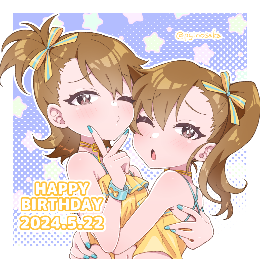 2girls, blue_nails, bracelet, brown_eyes, brown_hair, commentary_request, criss-cross_back-straps, futami_ami