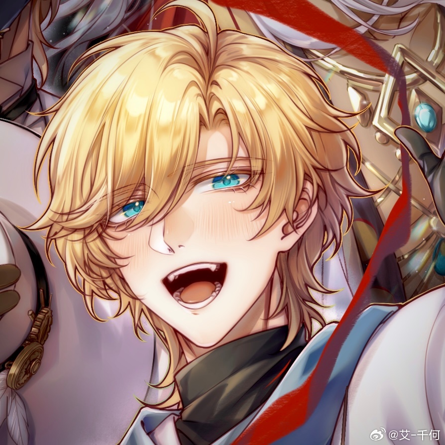 1boy, :d, ai-qian_he, aqua_eyes, black_gloves, black_shirt, blonde_hair, blue_scarf